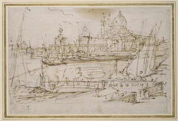 Venetië: De Dogana en S. Maria della Salute vanaf de Molo di Terranova (pen en bruine inkt over zwart krijt)